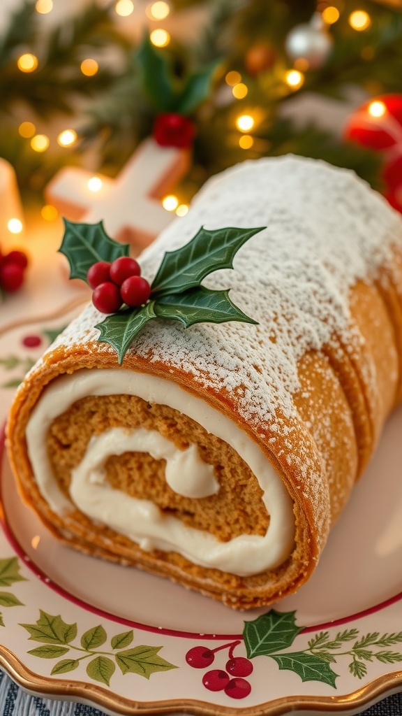 A festive Christmas cake roll filled with cream cheese frosting, dusted with powdered sugar, garnished with holly, on a decorative plate.